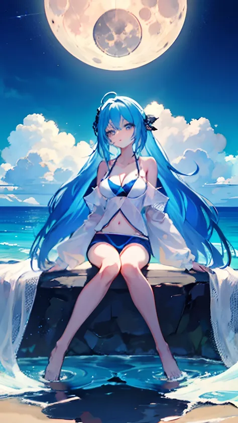 Slim figure，in a bathing suit，The background is the azure sea，The full moon shines in the sky，The art style is two-dimensional anime，Delicate blue eyes，blue hairs，sea beach，The time is in the evening