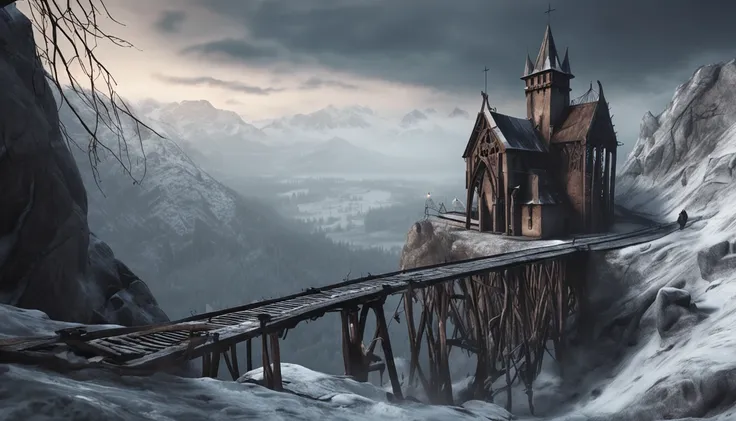 Medieval creepy monastery on top of a snowy mountain with fog and snow. Bridge of ropes and wood to reach it with an abyss below. gothic style painting. Evil is present and horror is in the late afternoon