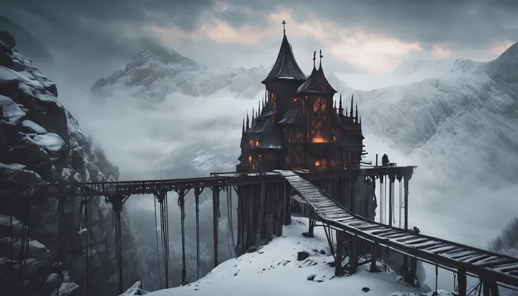 Medieval creepy monastery on top of a snowy mountain with fog and snow. Bridge of ropes and wood to reach it with an abyss below. gothic style painting. Evil is present and horror is in the late afternoon