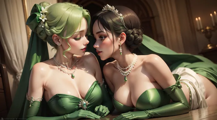 Green Pearl Necklace, Satin green long gloves, lipsticks, Green shorthair, satin, Green dress, bride, the kiss, A smile