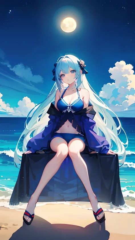 Slim figure，in a bathing suit，The background is the blue sea，The full moon shines on the sky，The art style is two-dimensional anime，Delicate blue eyes，blue hairs，sea beach，The time is in the evening