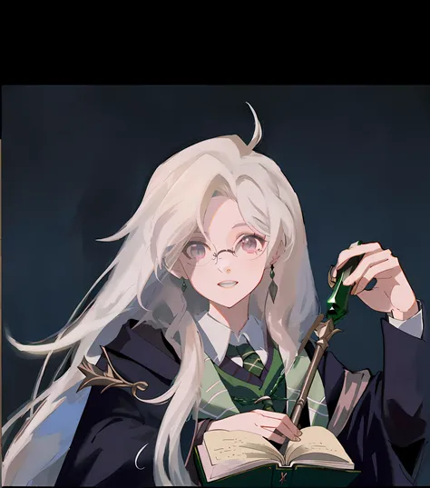 Harry Potter Slytherin school uniform！！！Robe！！！Harry Potter Magic Book，Holding a Harry Potter staff！！！silver-white long hair！Pink eyes，There was a Harry Potter sniffer beside him