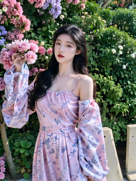 Araki woman in pink dress standing in front of a bush of flowers, wearing pink floral gown, wenfei ye, bae suzy, xintong chen, jaeyeon nam, wearing pink floral chiton, xue han, Gemma Chen, xision wu, Shin Jinying, Kim Tae-joon, lei min, chengyou liu, Choi ...