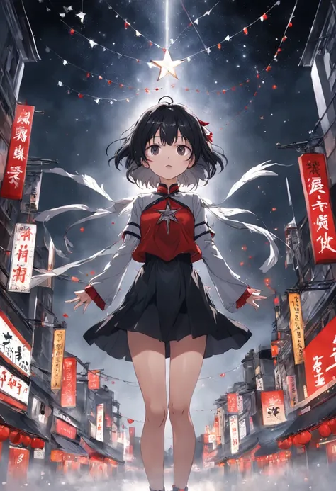 Gray-black background，The girl stands upside down in the middle of the picture，Feeling of falling，with short black hair，But the ends of the hair are white，Wearing a short red dress，There are gray tassel decorations，There is a star-shaped pendant on the lef...