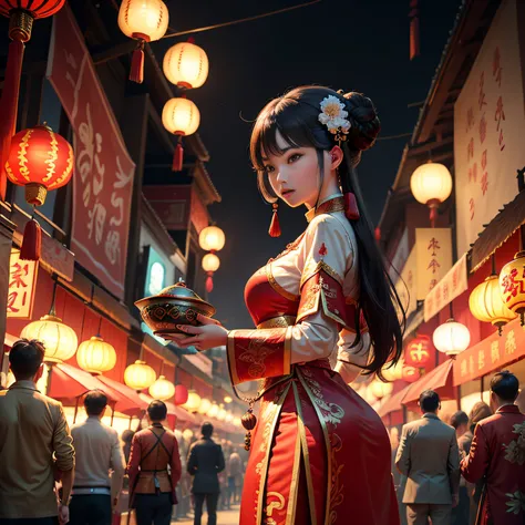 tmasterpiece，A high resolution，8K，absurd res，Complex scenes，Detailed content，CG animation，Large depth of field，Chinese Tang Dynasty Bazaar，{（Bazaar at night，Vendors on both sides of the street）}，From the Chinese mythological story Qixi Festival，Lively scen...