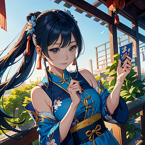 a close up of a cartoon of a woman in a blue dress, Tanabata Festival, Inspired by Seki Dosheng, Chiba Yuda, Wuxia, Chinese fantasy, onmyoji, Chinas Qixi Festival, trending on cgstation, Chinese mythology