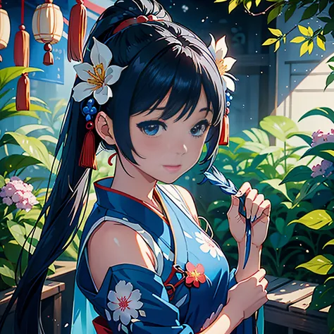 a close up of a cartoon of a woman in a blue dress, Tanabata Festival, Inspired by Seki Dosheng, Chiba Yuda, Wuxia, Chinese fantasy, onmyoji, Chinas Qixi Festival, trending on cgstation, Chinese mythology