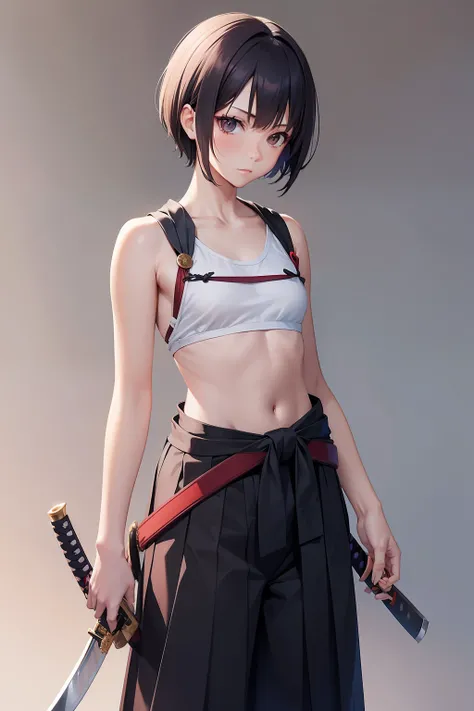 (masutepiece), 1girl in, Short hair, tiny chest, Hakama, holding katana, katanas,