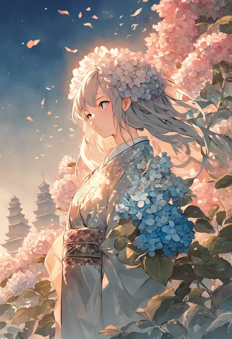 Stack hydrangeas，Traditional Zhuang costumes，silver ornaments，Landscape moiré，Chinese Ancient Architecture，Bell and Drum Tower，tmasterpiece，vectorial art，ultra - detailed，closeup cleavage，2D illustration，Best quality at best，超高分辨率, best shadow，