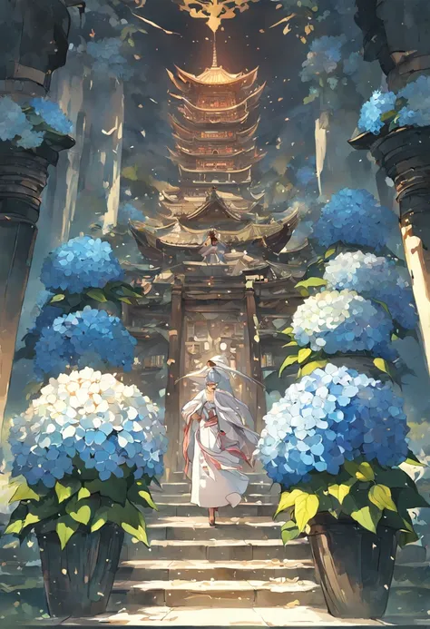 Stack hydrangeas，Traditional Zhuang costumes，silver ornaments，Landscape moiré，Chinese Ancient Architecture，Bell and Drum Tower，tmasterpiece，vectorial art，ultra - detailed，closeup cleavage，2D illustration，Best quality at best，超高分辨率, best shadow，