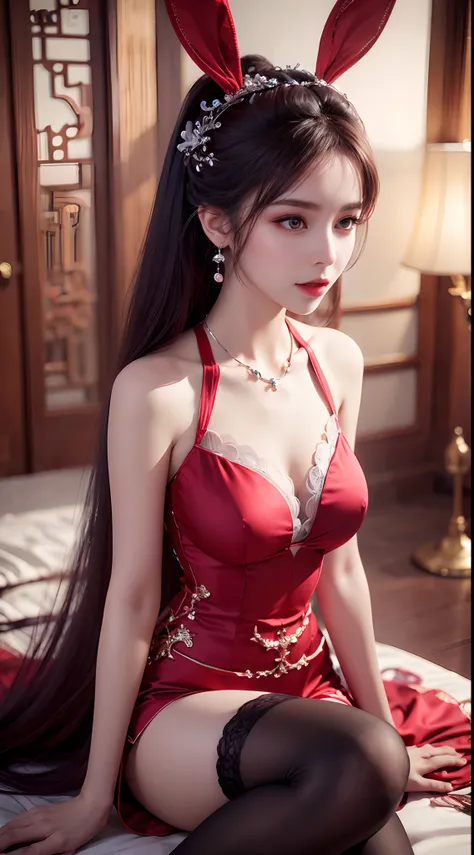 1 beautiful girl in beautiful Hanfu, Thin red silk shirt，With many yellow patterns, Black lace top, Light pink rabbit ears, Long hair dyed lilac platinum, beautiful hair ornaments, Nice face Cute face, Perfect face, Earring jewelry, Antique jewelry, Big re...