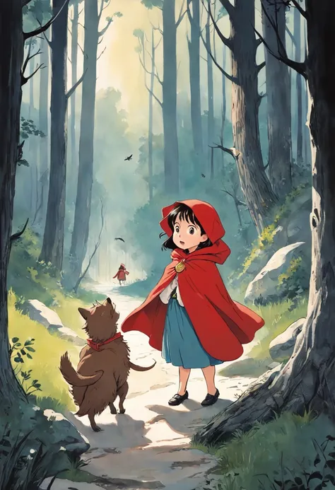 A girl in a red cape, Caperucita roja, un lobo feroz, Caperucita Roja, Classic childrens illustration, Caperucita Roja, Gran lobo feroz, Caperucita Roja, The wolf threatens the girl, , story book illustration, Richard Scarry, story book illustration, Ilust...