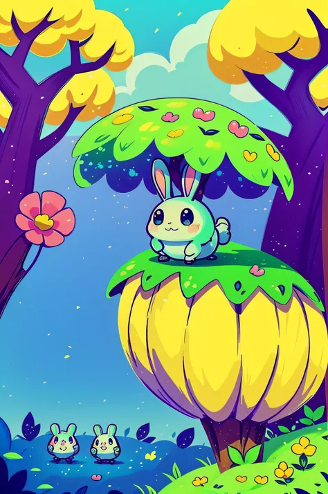 Cute little slime monsters walking happily in the magic city, trees with lots of leaves, Flowers, Blue sky, Cute rabbits follow little monsters in charming forest, butterflys, candy store