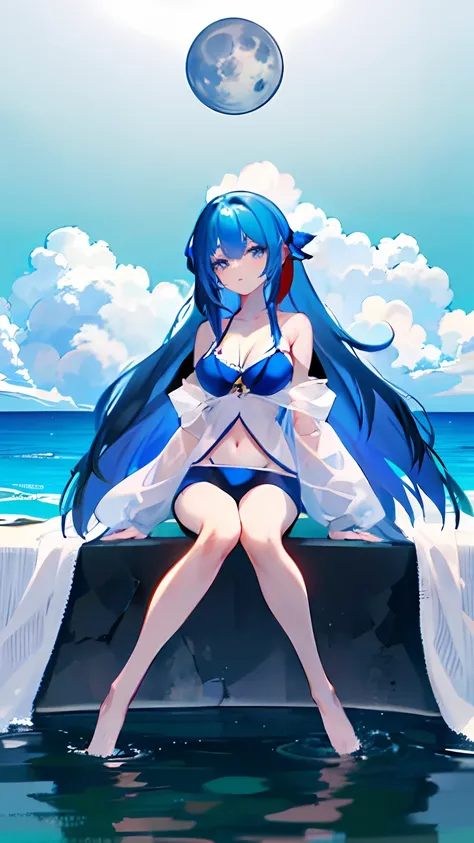 Slim figure，in a bathing suit，The background is the blue sea，The full moon shines on the sky，The art style is two-dimensional anime，Delicate blue eyes，blue hairs，sea beach，natta