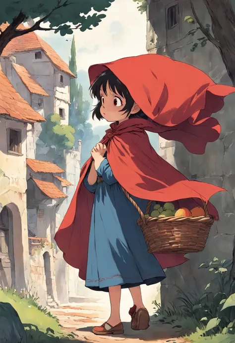 A girl in a red cape, Caperucita roja, un lobo feroz, Caperucita Roja, The girl carries a basket with fruits in one hand, Classic childrens illustration, Caperucita Roja, Gran lobo feroz, Caperucita Roja, The wolf threatens the girl, , story book illustrat...