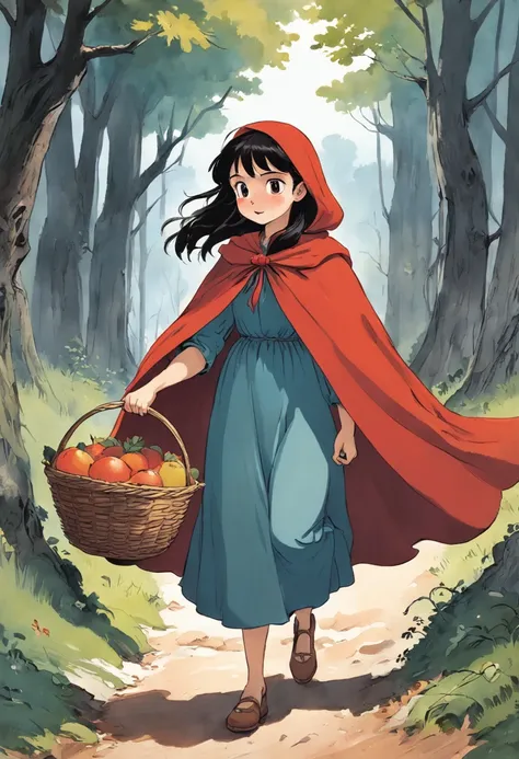 A girl in a red cape, Caperucita roja, un lobo feroz, Caperucita Roja, The girl carries a basket with fruits in one hand, Classic childrens illustration, Caperucita Roja, Gran lobo feroz, Caperucita Roja, The wolf threatens the girl, , story book illustrat...