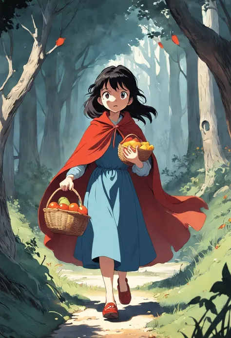 A girl in a red cape, Caperucita roja, un lobo feroz, Caperucita Roja, The girl carries a basket with fruits in one hand, Classic childrens illustration, Caperucita Roja, Gran lobo feroz, Caperucita Roja, The wolf threatens the girl, , story book illustrat...