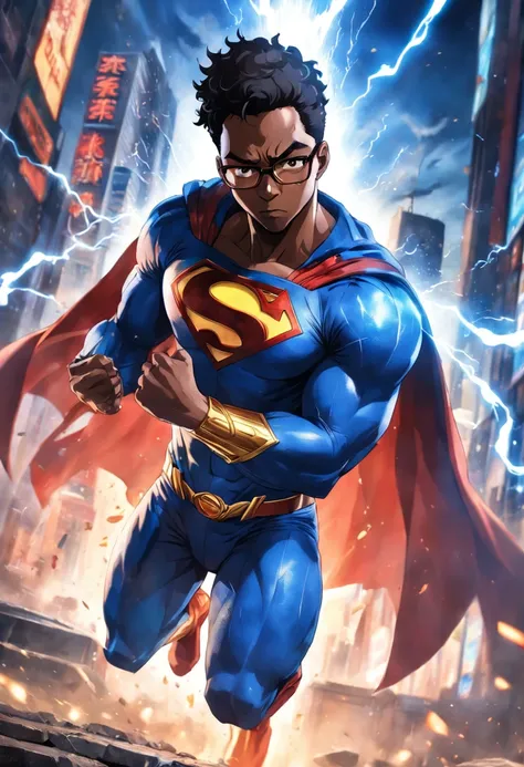 (best quality:1.33), (masterpiece:1.42), (realistic:1.24), (detailed:1.15), Generate an image of a 34-year-old black man with glasses dressed as a superman with flashy special effects and eye-catching, such as bursts of energy or lightning, Ross Tran style...