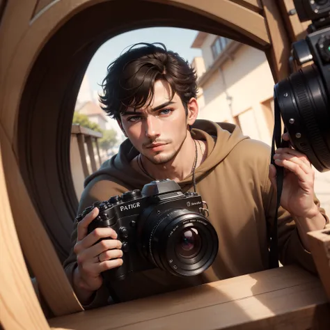 Handsome boy handling camera in a realistic view