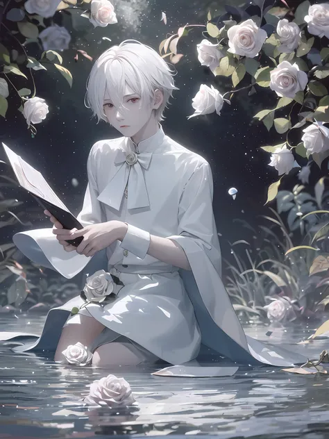 1boy，Male，Young man，Pale teenager，（（（Rose blanche））），white  shirt，（（bandagens）），bloods，The screen contrast is low，High brightness，White hair，Rose flower，bloods，Light blue leaves，softlighting，misterious ambience，flood