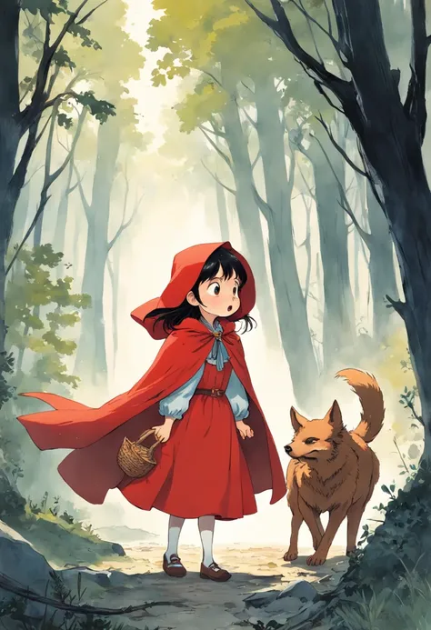 A girl in a red cape, Caperucita roja, un lobo feroz, Caperucita Roja, Classic childrens illustration, Caperucita Roja, Gran lobo feroz, Caperucita Roja, The wolf threatens the girl, , story book illustration, Richard Scarry, story book illustration, Ilust...