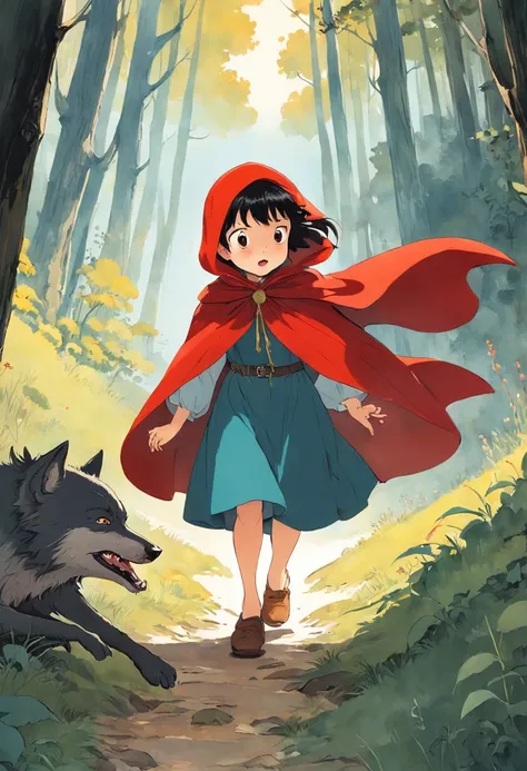 A girl in a red cape, Caperucita roja, un lobo feroz, Caperucita Roja, Classic childrens illustration, Caperucita Roja, Gran lobo feroz, Caperucita Roja, The wolf threatens the girl, , story book illustration, Richard Scarry, story book illustration, Ilust...