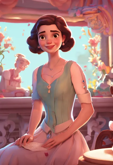 Disney girl，a pretty girl，Wear a beautiful dress，Pearl earrings，Low saturation Pixar，super detailing，clay，Cartoon anime,half-body photo，looking at viewert，Bright smile，largeeyes，nighly detailed，edge lit，Artistic standing，solid color backdrop，Soft focus，lig...