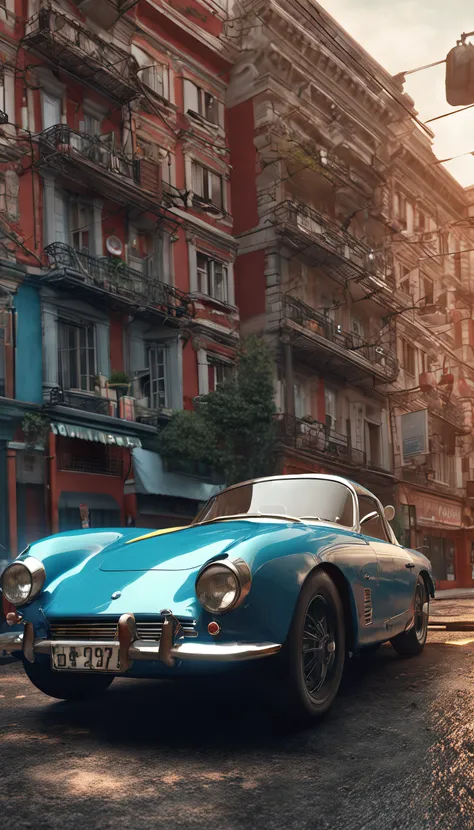 ultra-realistic image, Roadster on the corner of the street，Street buildings in the background