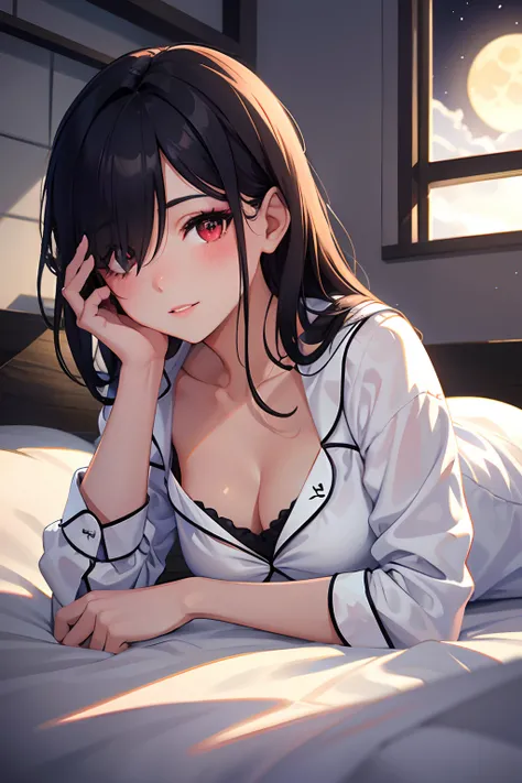 1girl, hair over one eye, parted lips, blush, makeup, light smile, pajamas, glow, thighs, red eyes, collarbone, narrow waist, (lying down), bedroom, window, moon, moonlight, underwear,, bed