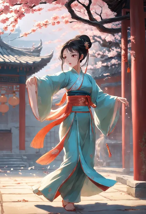 Chinese Song Dynasty beauty dancing in pants，The hands and face of this beauty are very delicate and clear。Stand in the middle of a quaint courtyard，Plum blossoms fall snowflakes，Morandi colors，电影灯光，wide angles，Ultra HD details，8K