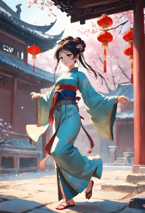 Chinese Song Dynasty beauty dancing in pants，The hands and face of this beauty are very delicate and clear。Stand in the middle of a quaint courtyard，Plum blossoms fall snowflakes，Morandi colors，电影灯光，wide angles，Ultra HD details，8K