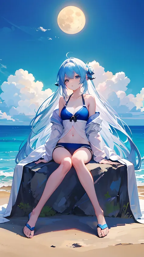 Slim figure，in a bathing suit，The background is the blue sea，The full moon shines on the sky，The art style is two-dimensional anime，Delicate blue eyes，blue hairs，sea beach，The time is in the evening