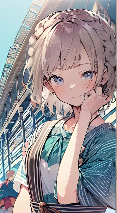 masutepiece, Best Quality,Illustration, Wallpaper, Ultra Detail, Absurd beauty, 1beautiful girl、(Medium short hair、short braided hair), Beautiful ultra-detailed eyes 、student clothes、A refreshing smile、Smaller head、(a panoramic view:1.5)