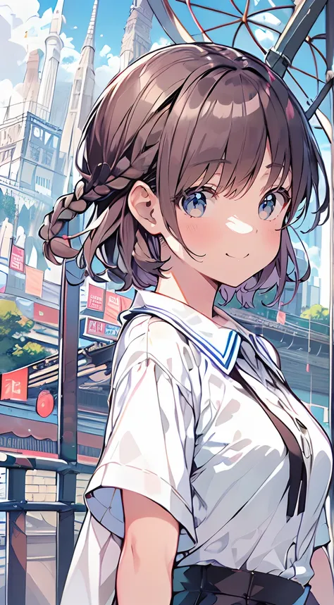 masutepiece, Best Quality,Illustration, Wallpaper, Ultra Detail, Absurd beauty, 1beautiful girl、(Medium short hair、short braided hair), Beautiful ultra-detailed eyes 、student clothes、A refreshing smile、Smaller head、(a panoramic view:1.5)