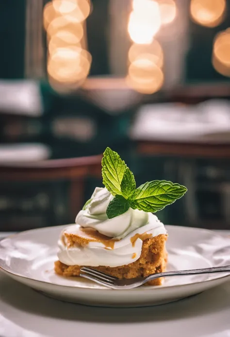 There is a piece of cake，Top with whipped cream and mint leaves, whipped cream on top, close up food photography, Dessert, pastie, Close-up Shot Shot, Cupcakes, Close-up shot, close - up shot, caramel, professional food photography, california;, cream-colo...