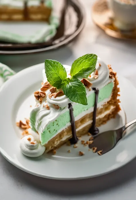 There is a piece of cake，Top with whipped cream and mint leaves, whipped cream on top, close up food photography, Dessert, pastie, Close-up Shot Shot, Cupcakes, Close-up shot, close - up shot, caramel, professional food photography, california;, cream-colo...