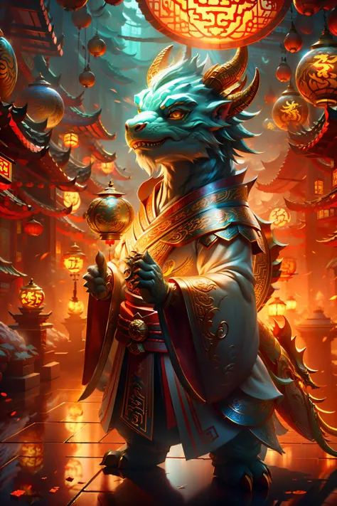 Chinese mythology - zodiac dragon with yellow mane and golden dragon horns,Wear Chinese New Year clothing，Anthropomorphic standing posture，Cute detailed digital art, lovely digital painting, Cute 3d rendering, adorable digital art, Stylized 3D rendering, h...