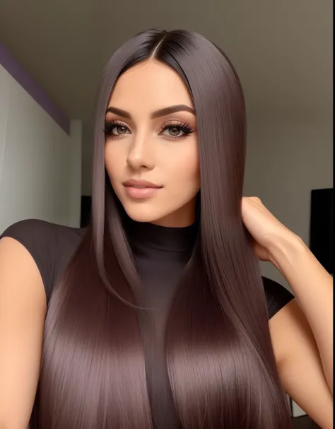 mulher arafed com longos cabelos castanhos e um top preto, com cabelo preto liso, Ayahausca, cabelo preto longo brilhante, Violeta Myers, her hair is long and straight, com cabelos longos, com longos cabelos escuros, female with long black hair, cabelo lis...