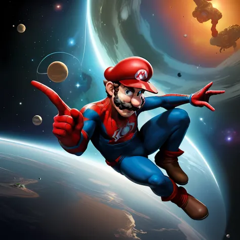 Gere uma imagem do Mario bros e Spider-Man, outer space, fundo deslumbrante, where the salvation of mankind is everything