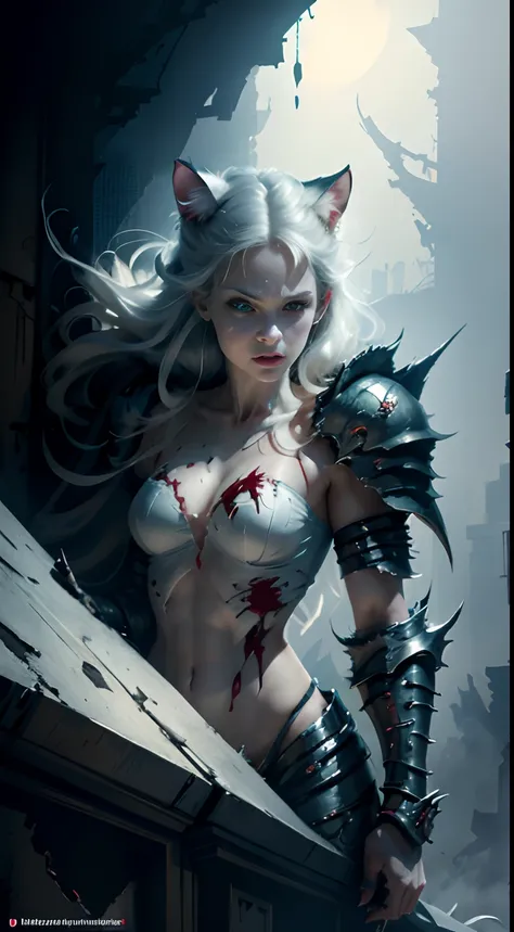 Vicious white cat，Dull yellow eyes，Close-up of extreme body details,White fangs,Sharp claws，Jump from the height of the ruins of the building，blood-stained armor,The armor is tattered,Blood dripping,Blood dripped from the corners of the mouth,True blood,Fu...