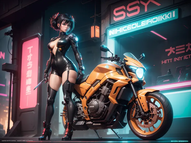 (highly detailed:1.5), (8k), futuristic mecha girl on the cover of a neon-lit science fiction magazine, style (cyberpunk:1.3), wearing an elegant battle suit with bright details, posing sensually, (bold typography:1.2), dynamic composition, vibrant colors,...