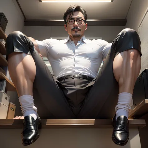 age 55，Kogoro Mouri，uncle，Tong，Bulge，Sitting in the office，Black short stockings，Slip leather shoes，lbeard，fortitude，k hd，artwork of a，an look of enjoyment，is shy，opening legs，wear suit，The crotch is raised，God perspective，Take off your pants，White liquid