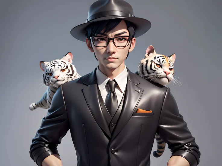 Young man with oriental face in leather hat, tiger, oriental face in formal suit, short black hair, silver glasses, digital painting, 3D character design by Mark Clairedon and Pixar and Hayao Miyazaki and Akira Toriyama, the illustration is a high-definiti...