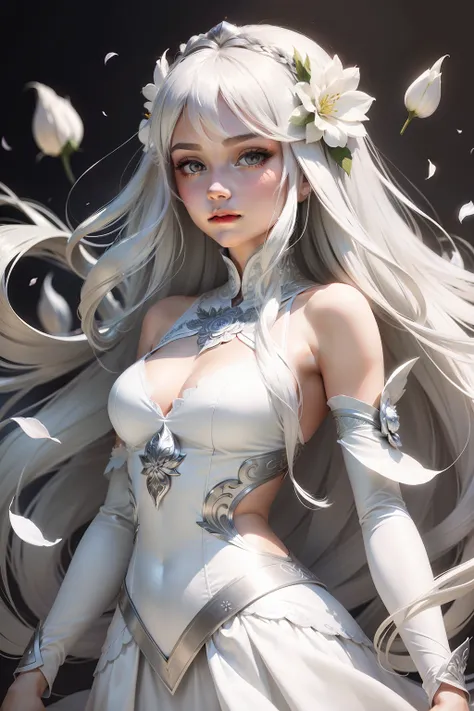 Cartoon Woman，Silver white long haired woman，Flower background，The petals dance，Delicate face