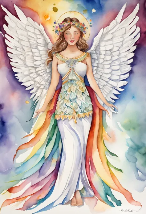 (FULL BODYSHOT:1.4),  White background, (1 Angel Girl,Glowing wings, Halo, Exquisite headdress, Smile), (paper art, Quilted Paper Art, Geometry), highly colorful