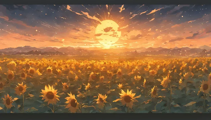 ((Midsummer Dusk)),sunflowers fields、twlight，Green Flash，landscapes，(Best Impact:1.5), (maximalism:1.7),Vivid contrast, (Realistic), hyperrealistic illustrations, hight resolution, ultra-detailliert, absurderes,(Fractal Art:1.3)，Retro、Precise focus、cinema4...