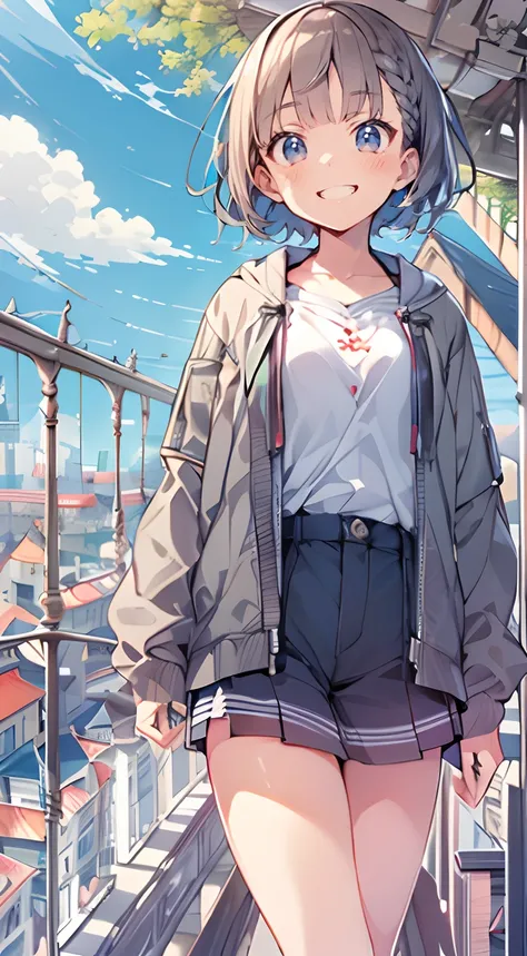 masutepiece, Best Quality,Illustration, Wallpaper, Ultra Detail, Absurd beauty, 1beautiful girl、(Medium short hair、short braided hair), Beautiful ultra-detailed eyes 、student clothes、A refreshing smile、Smaller head、(a panoramic view:1.5)