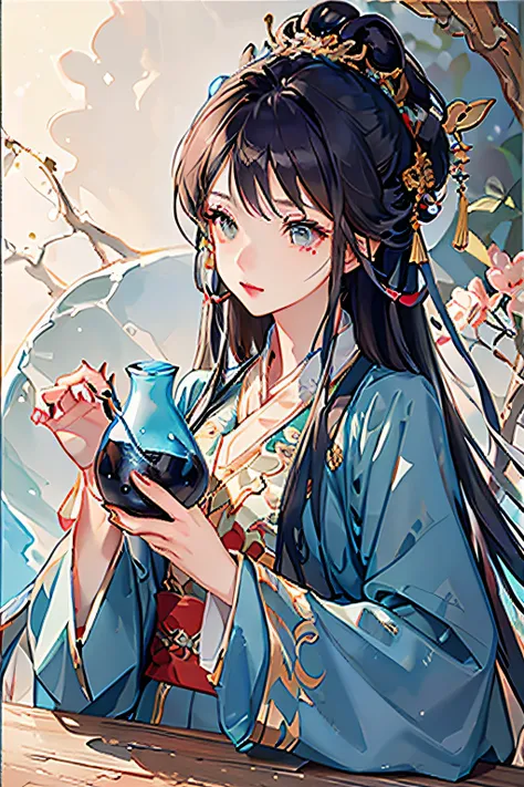 Complicated details，A high resolution，（beautiful detailed  water：1.4），（Crimson Hanfu，Tang Feng），Amber Eyes，（Girl in a glass jar：1.1），