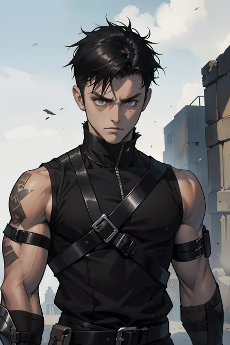 scrapper, brawler, portrait, taped arm, taped fist, sleeveless medieval clothing, black hair, very short hair, spiky hair, serio...