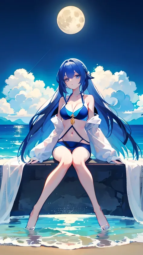 Slim figure，in a bathing suit，The background is the blue sea，The full moon shines on the sky，The art style is two-dimensional anime，Delicate blue eyes，blue hairs，sea beach，The time is in the evening